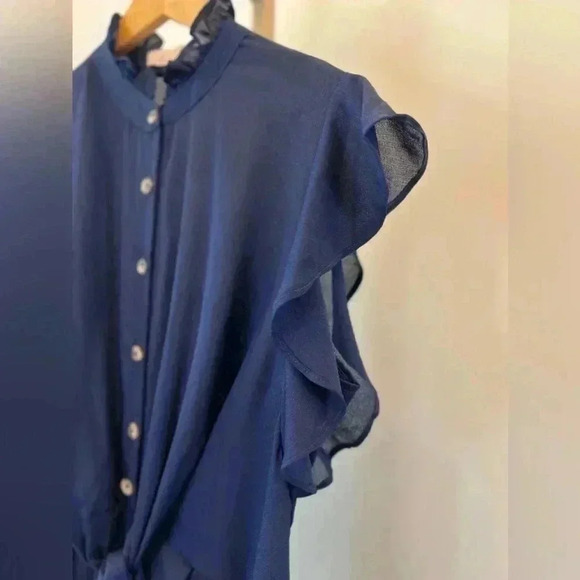 Women’s Navy Frill Short-Sleeved Button-Up Romper - Picture 5 of 9